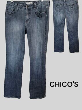 Chicos Platinum Dark Stone Wash Sequin Embellishments High Rise Jeans Womens 1.5